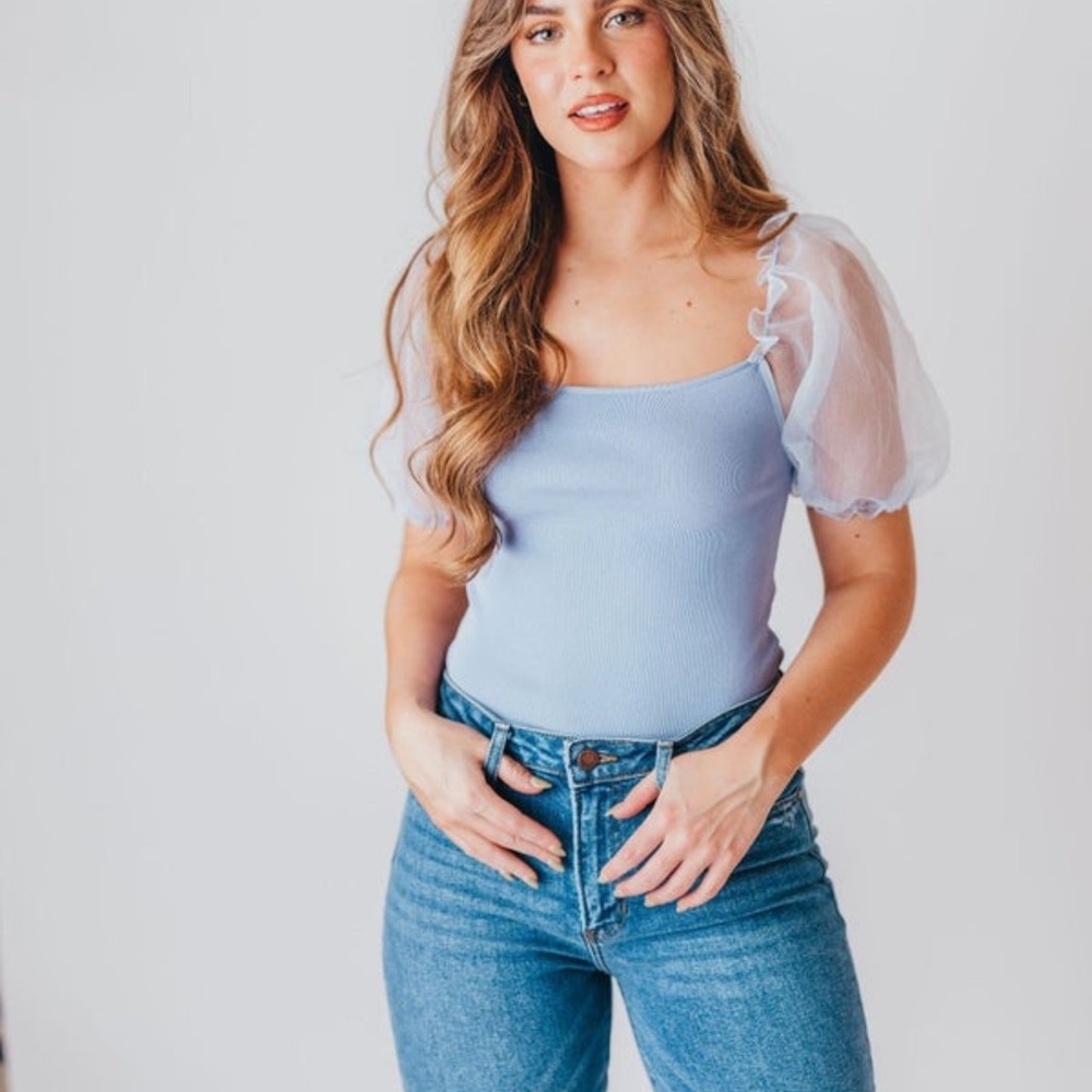 ASTR Bodysuit Puff Sleeve Light Blue Purple-L NWT